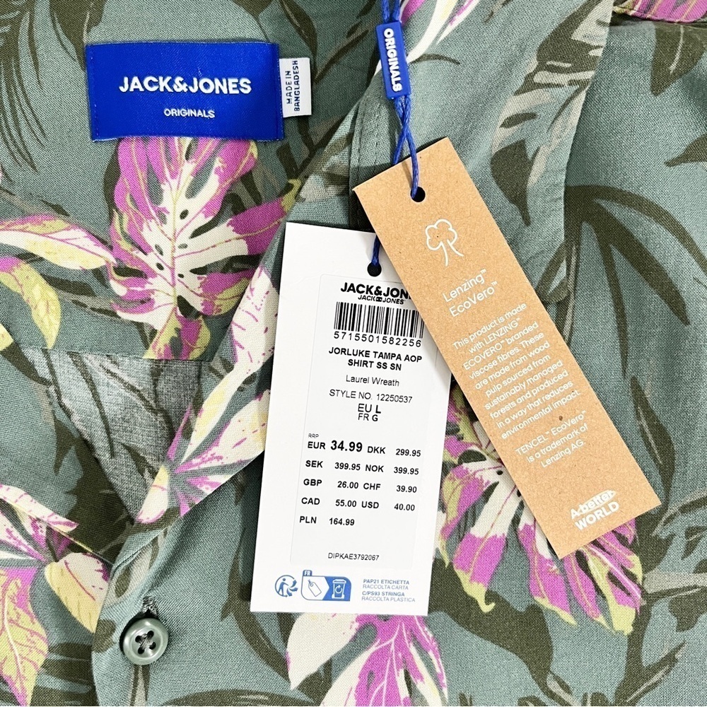 NWT Jack & Jones Green & Pink Floral Hawaiian Button-Down Shirt - Large - Picture 10 of 16